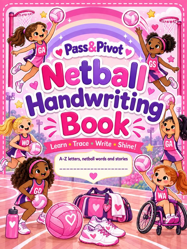 Cover of the Pass&Pivot Netball Handwriting Book, with pink netball players, a netball and a kit bag